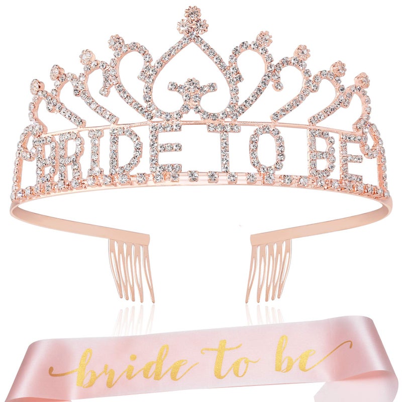 Coucoland Womenâ€™s Bride to Be Crown Tiara and Bride to Be Sash Crystal Rhinestone Tiara Headband for Wedding Bridal Shower(Rose Gold) - Image 1